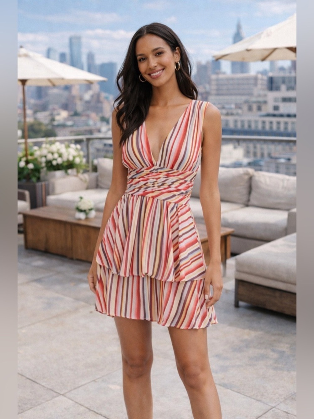 WAYF NWT Striped Ruffle Mini Dress Medium Ruched Feminine